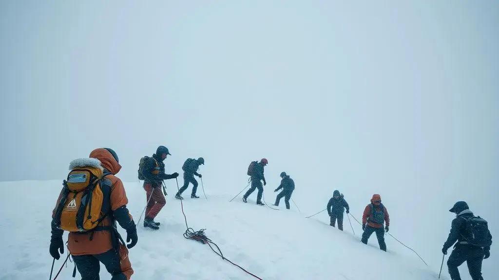 Resgate em massa no Everest após intensa tempestade de neve e suas consequências. Resgate em massa no Everest após intensa tempestade de neve e suas consequências.